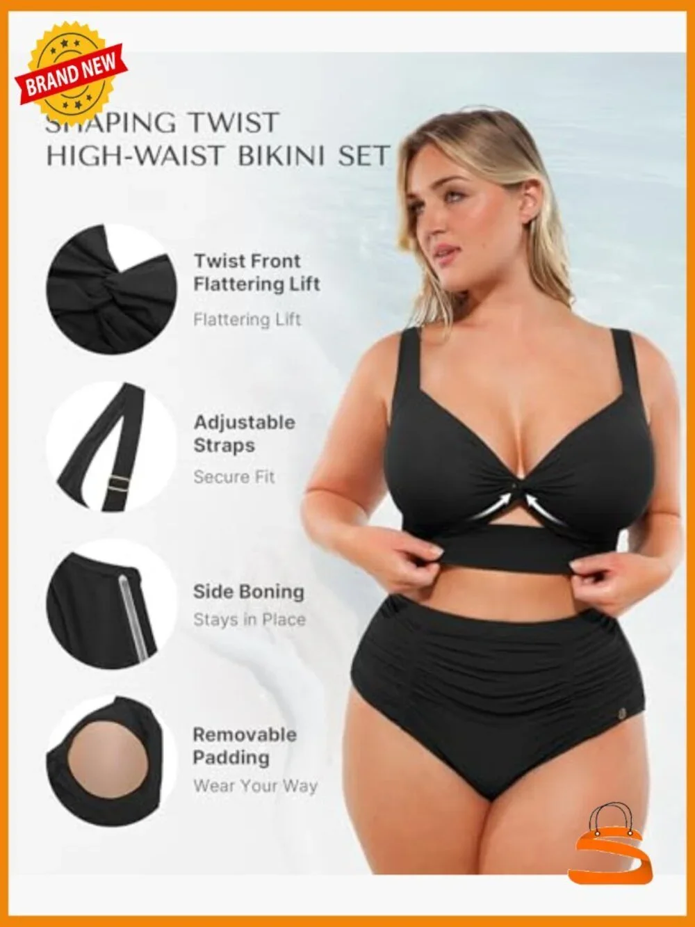 High Waisted Tummy Control Bikini Set with Twist Front and Racerback